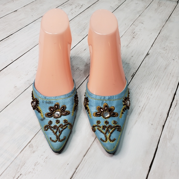 Vintage Escada Blue Embellished Mule Kitten Heels - Picture 2 of 9